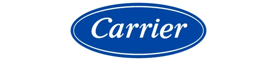 Logotipo da Carrier em letras brancas dentro de um oval azul com contorno branco e azul.