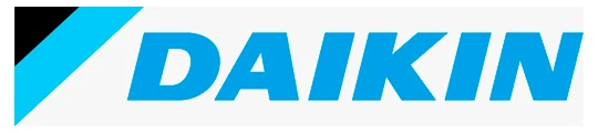 Logotipo com a palavra "DAIKIN" em letras azuis, ao lado de formas geométricas azul-clara, preta e branca.