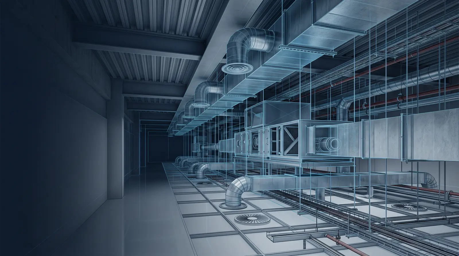 Visualização 3D de uma infraestrutura hospitalar com rede de dutos metálicos, unidades de tratamento de ar e componentes BIM em azul translúcido.